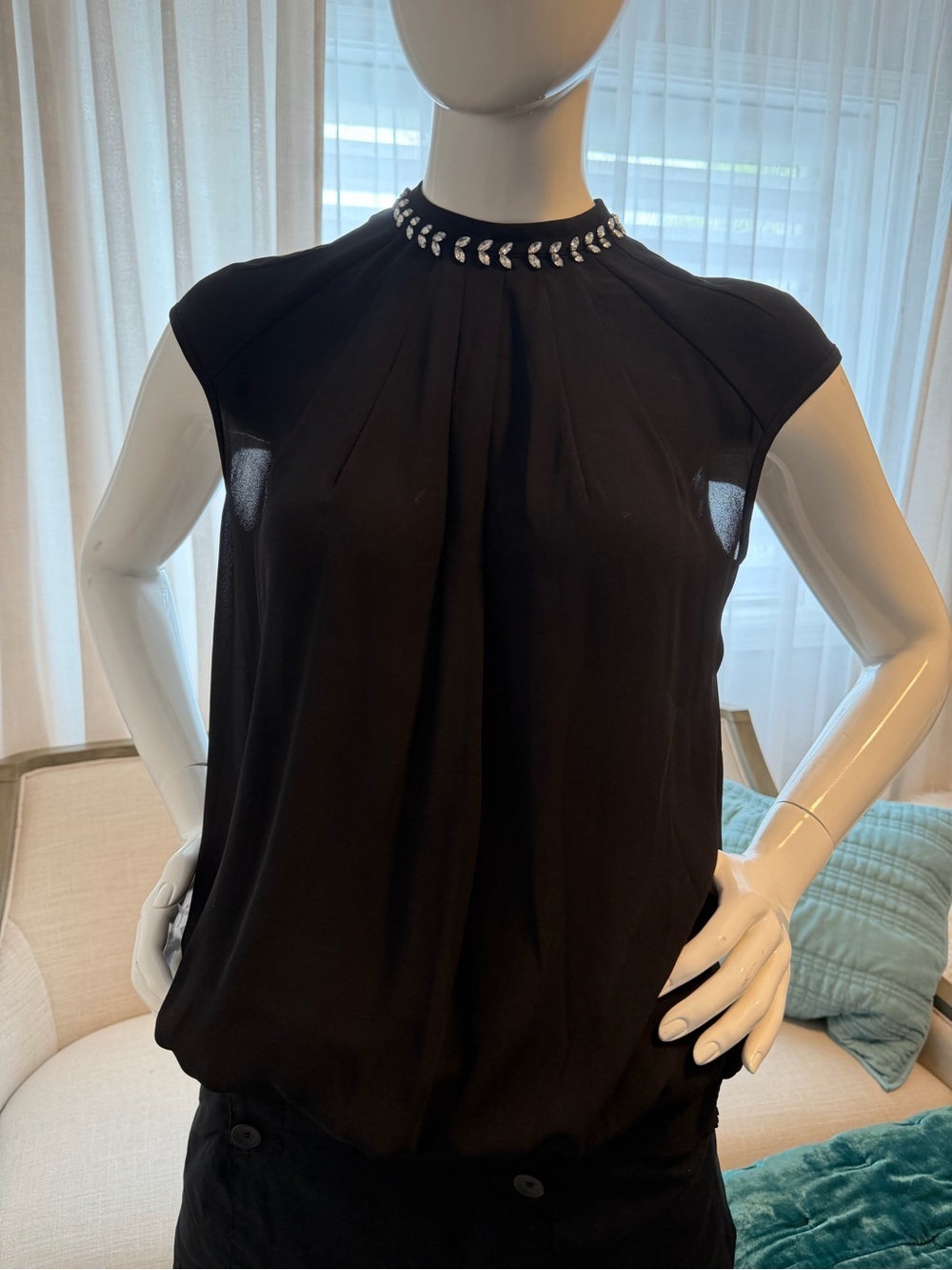 Warehouse Black Sleeveless Blouse with Rhinestone Neckline